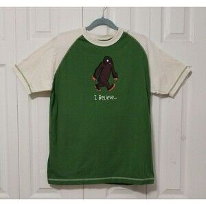 Lazy One Graphic Tee " I BELIEVE" Big Foot Baseball Style Green  Men's Size XS